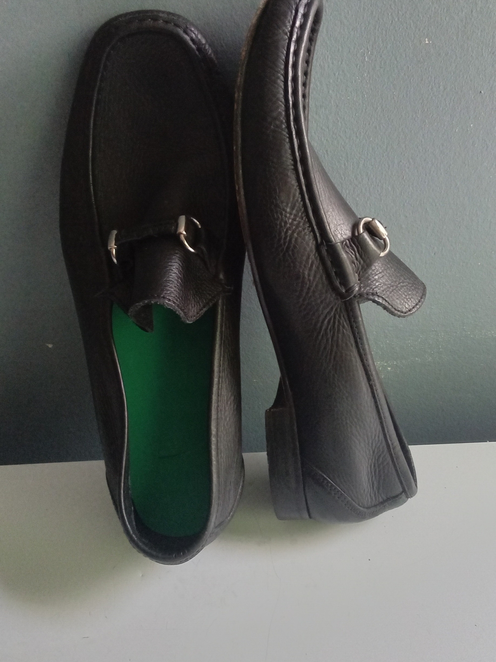 Black Pebbled Leather Bit Loafers Men's Size 12 Silver Horsebit Made in Spain